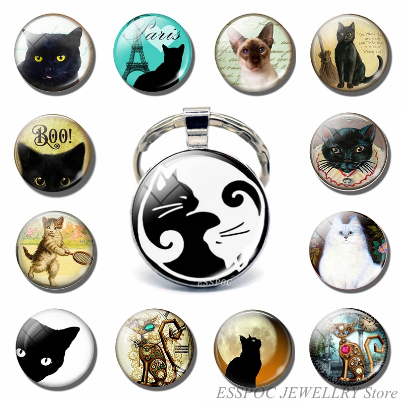 Vintage Two Yin Yang Cats Pendant Key Chain Metal Key Ring Cabochon