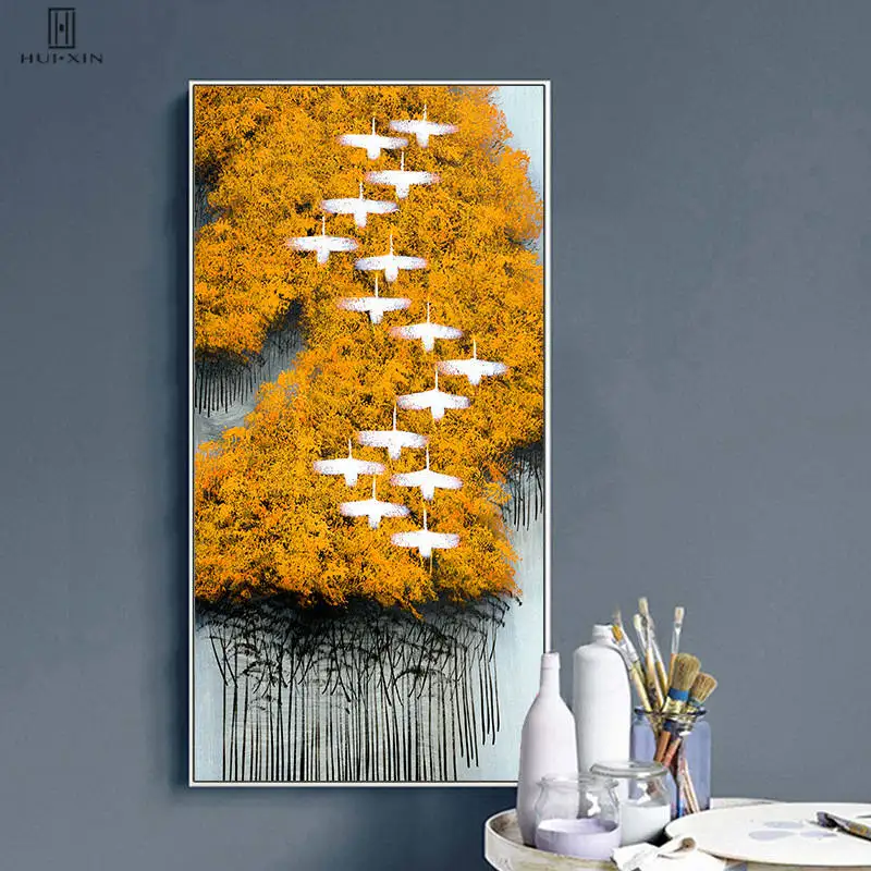 

Impressiv Landscape HD Unframed Poster Flock Of White Birds Flying Over Yellow Woods Canvas Painting For Living Room Home Decor