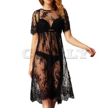 Women Lace Dress Summer Transparent Casual Sleeve Beach Dress O Neck See Through CUERLY see through longline lace dress