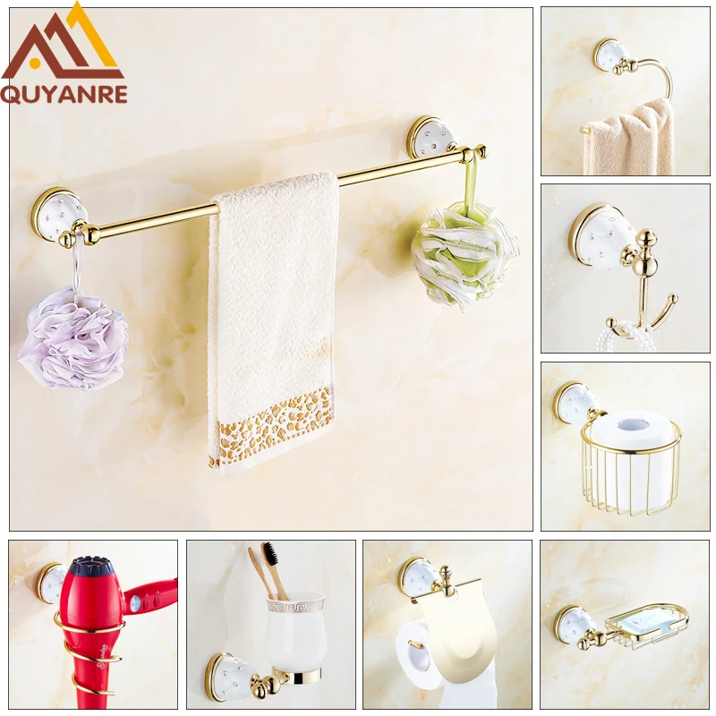 Quyanre Luxury Golden Diamond Bathroom Hardware Set Stainless Steel