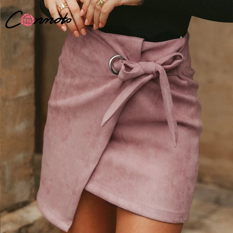 

Conmoto Sash Asymmetric Black Mini Skirt 2018 Fall Streetwear High Waist Short Bodycon Skirt Pink Faux Suede Skirt Jupe Femme