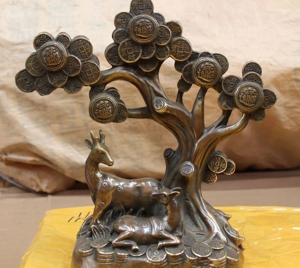 

11" China Chinese Bronze Animal Feng Shui Folk Money Tree longevity Deer Statue