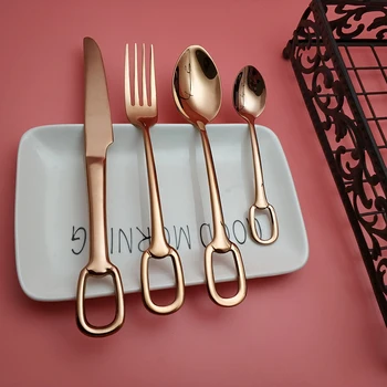 

Hot Sale 4 pcs Rose Gold Hole Dinnerware 304 Stainless Steel Knife Fork Spoon Cutlery Kitchen Food Tableware Flatware Dining Set
