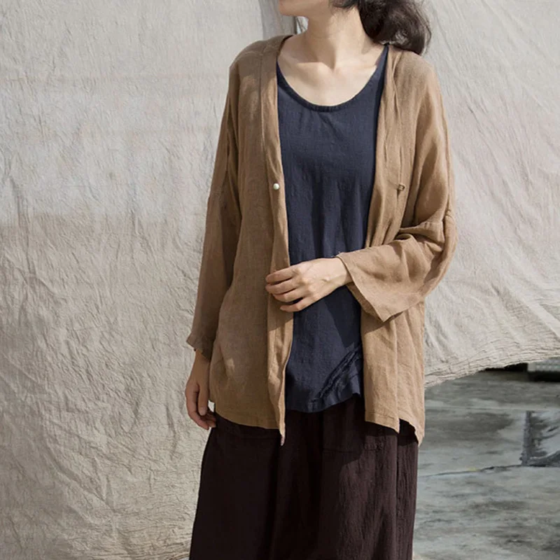 

Johnature Women Khaki Summer Shirts Ramie Vintage Blouses 2019 New Long Sleeve V-Neck High Quality Women Cloths Casual Shirts
