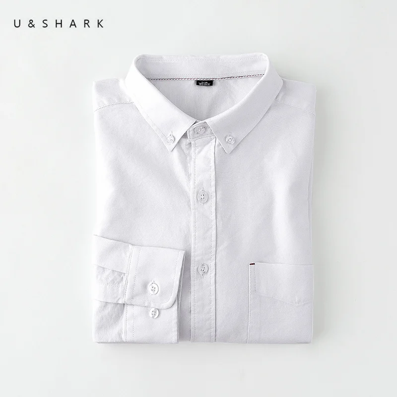 

U&SHARK Spring Autumn Mens Dress Shirts Long Sleeve 100% Cotton Oxford Shirt Men Tops Clothing Long Sleeve White Shirt Social