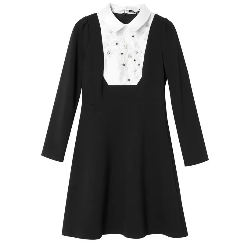 OUYALIN L-5XL плюс размер зимнее платье женское с длинным рукавом Питер Пэн воротник А-силуэт элегантные офисные женские черные платья
