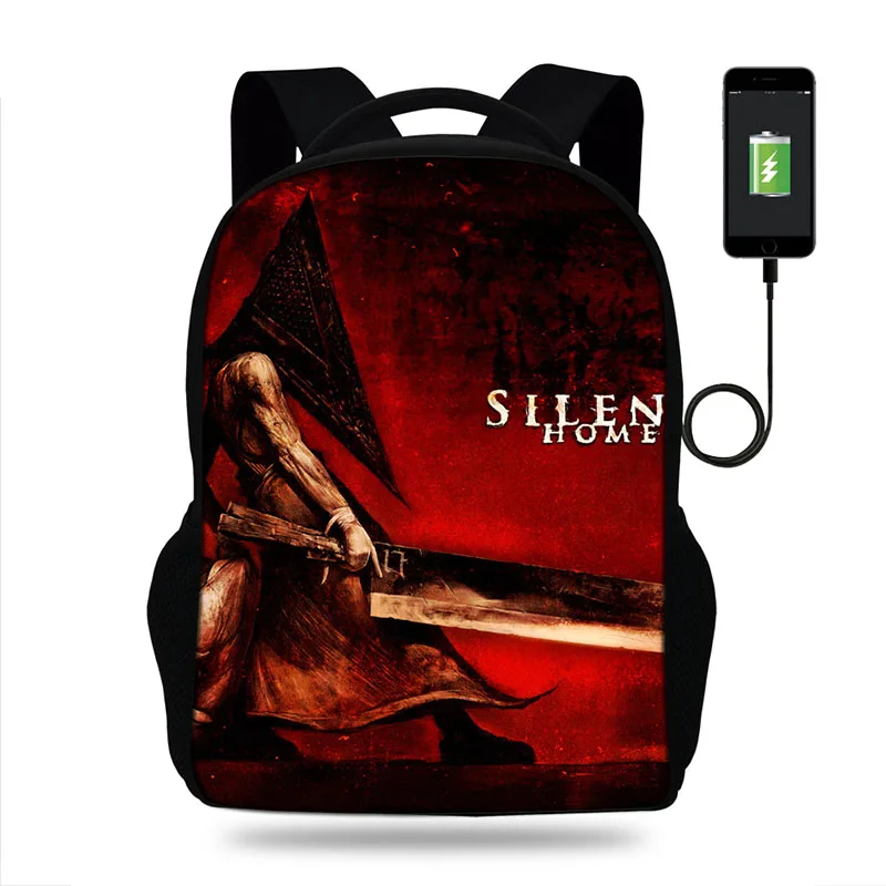 

Mens Usb Charging backpack Silent Hill 2 Red Ryramid Thing Print School bags Notebook computer backpack for Teenage Boys