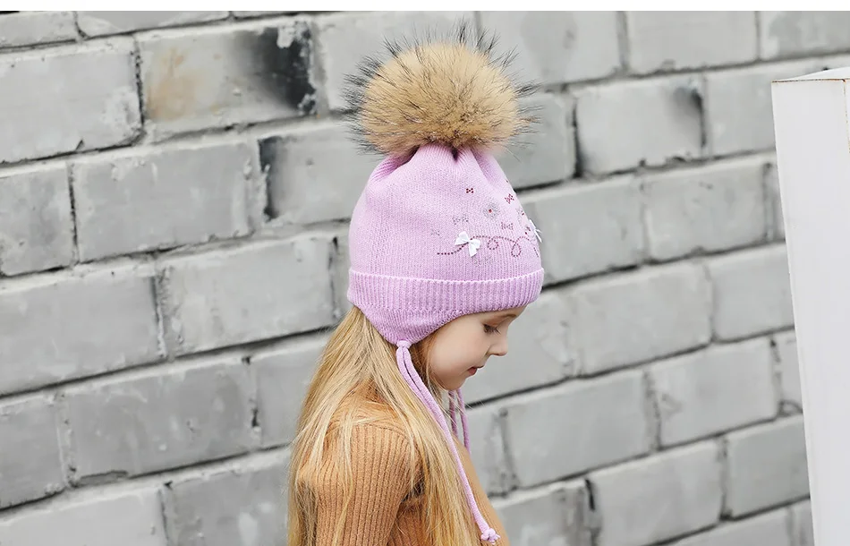 Cap's Children Skullies Beanies Pink Bowknot Double layer Knitted Hat Warm Beanies Kids Hat With Fur Pompom Winter Beanie (9)