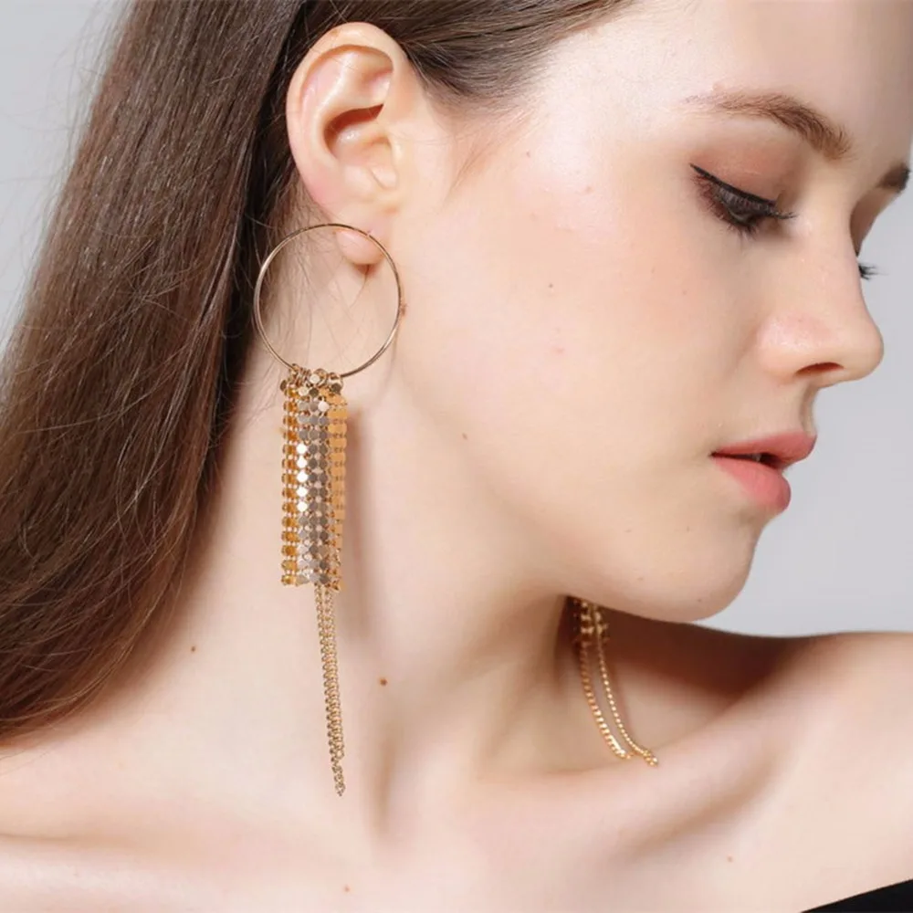 1Pc Fashion Exaggerated Sequins Long Tassels Earrings Big Round Circle
