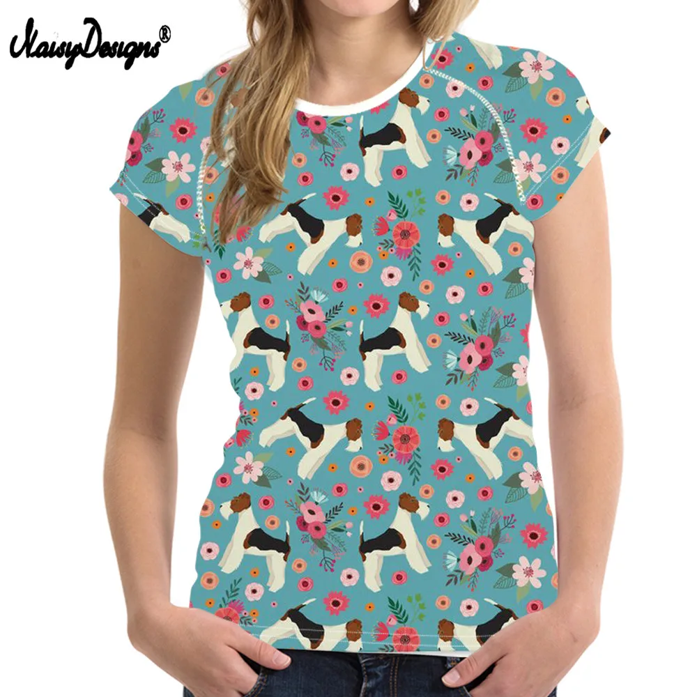 

NoisyDesigns t-shirt Women Summer tshirt Fox Terrier Flower T shirt Short Sleeve Clothing Womens Tops Tees Casual Lightfast Soft