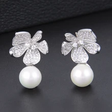 21*14 мм популярный цветок подвеска с большой жемчужиной полный кубический цирконий серьги гвоздики для женщин для невесты, для свадьбы, помолвки праздничная одежда