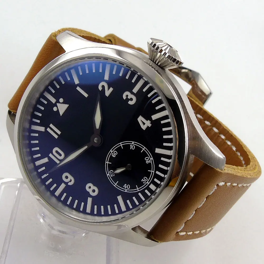 

47mm parnis Black Dial Luminous Marks Stainless steel Case 6498 Movement Hand Wind Mechanical Men's Wristwatches