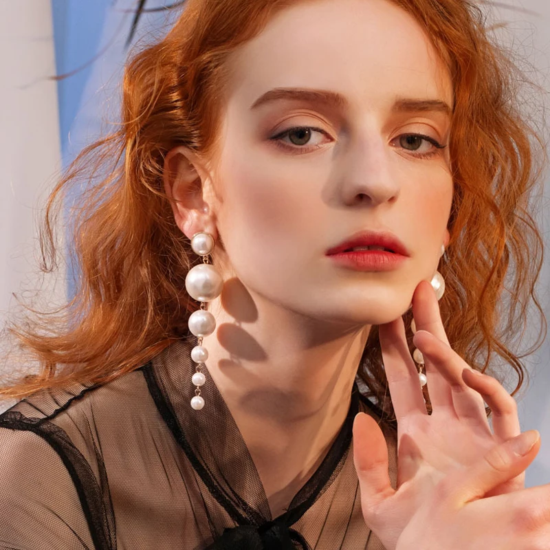 

Trendy Elegant Created Big Simulated Pearl Long Earrings Pearls String Statement Drop Earrings For Women Wedding Party Gift