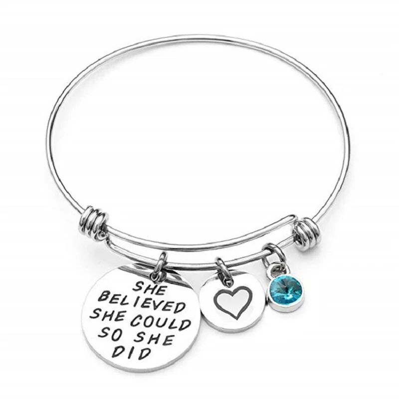 

5PCS silver expandable bangle engraving "she belived she could so she did"bracelets with 12 birthday rhinestone stamped dangle
