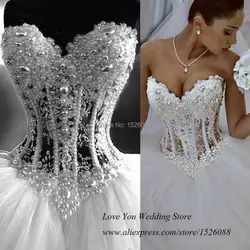 Настоящее Жемчужное Белое Бальное платье Свадебные платья 2015 Vestidos de Casamento настоящий образец тюлевые Свадебные платья корсет сзади на заказ