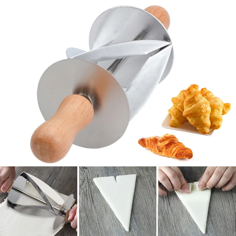 Rolling Pastry Dough Cutter Stainless Steel Wooden Handle for Making Croissant Bread Baking Tool