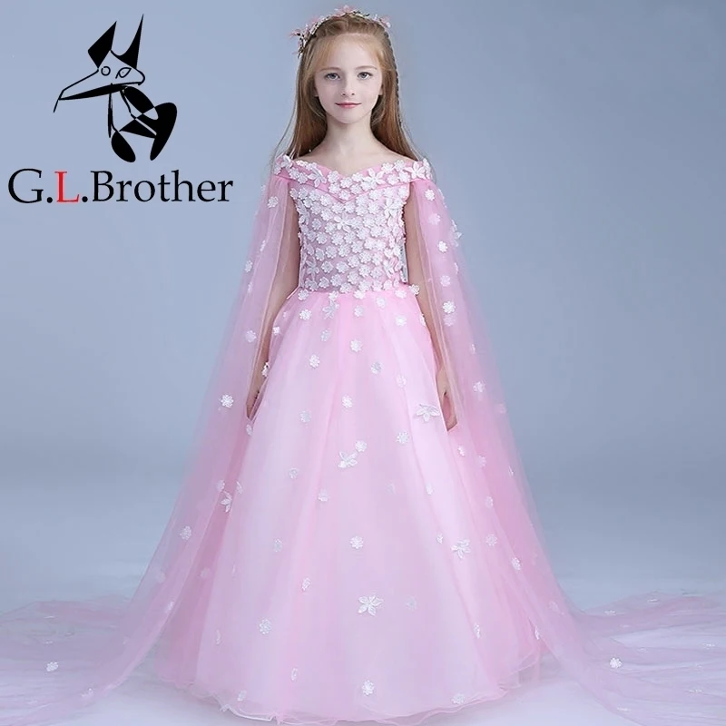 New Luxury Flower Girl Dress Birthday Wedding Dresses Long Princess Dress Appliques Girls Dresses For Evening Party AA221 New Luxury Flower Girl Dress Birthday Wedding Dresses Long Princess Dress Appliques Girls Dresses For Evening Party AA221