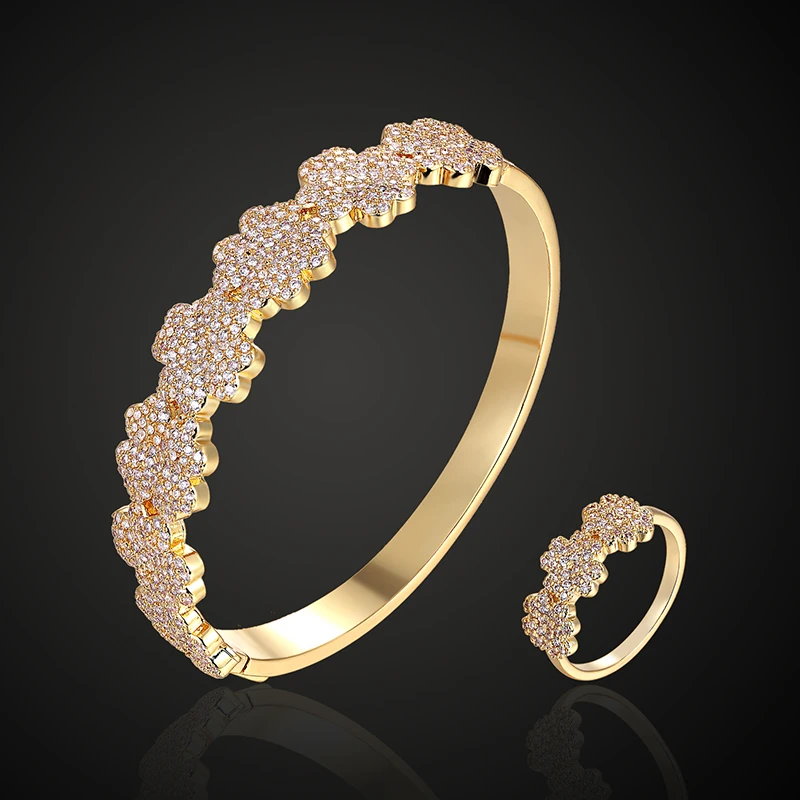 Theresa brand luxury four heart in one foli 3A zircon micro pave setting Bangle with ring jewelry set classic all body bracelet