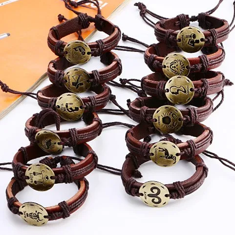 

12 Constellation Genuine Leather Bracelet For Women Men Jewelry Charm Bracelets Friends Bijouterie Birthday Present Accessories
