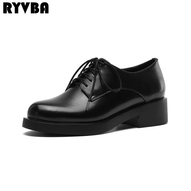 

RYVBA woman fashion genuine leather pumps ladies autumn black 4cm square heels shoes for women casual winter round toe shoes
