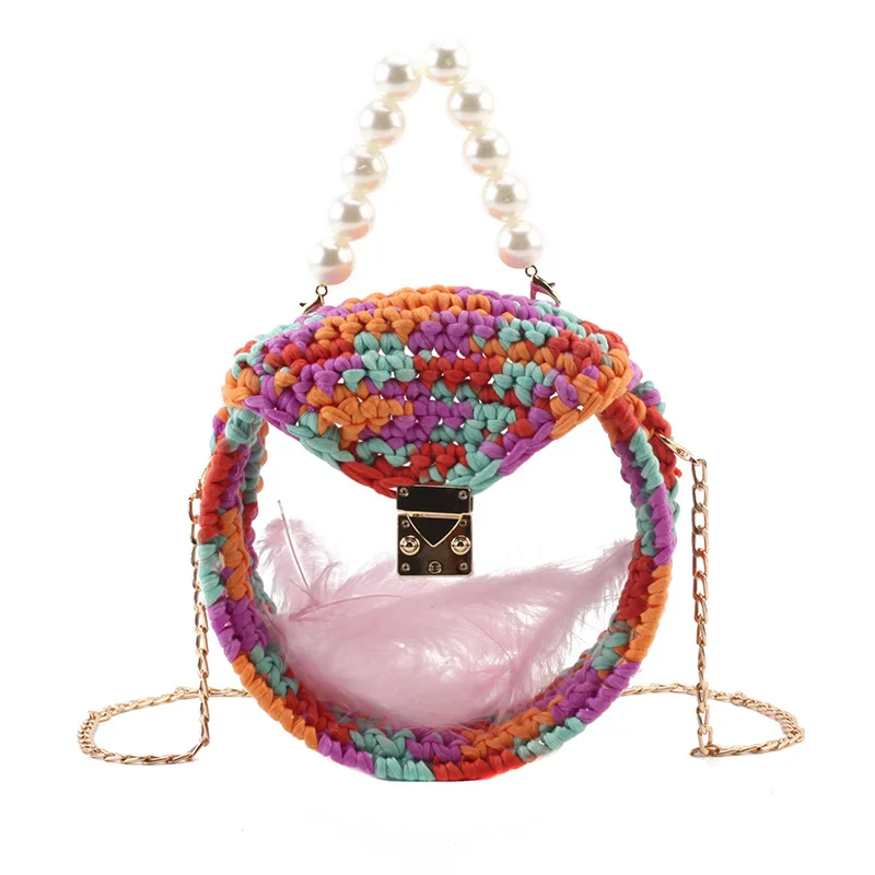 

Pearl Handle Clear Small Tote Bag Chain Women Messenger Bag 2019 Weave Transparent Small Round Handbag Cute Lock Shoulder Bag