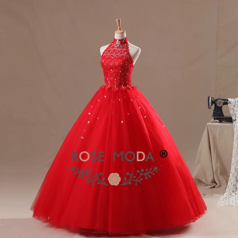 Quinceanera Dress Ball Gown Halter Neckline Lace Top Red Puffy Tulle Real Photos