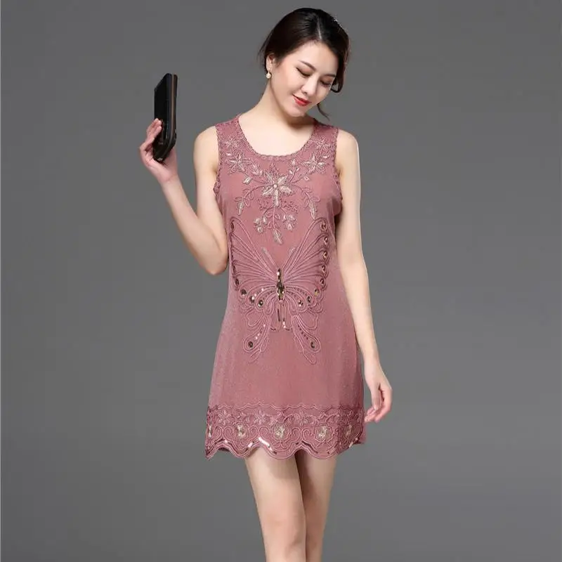 Women Cheap Beaded Sequin Embroidery Sleeveless Plus Size Lady