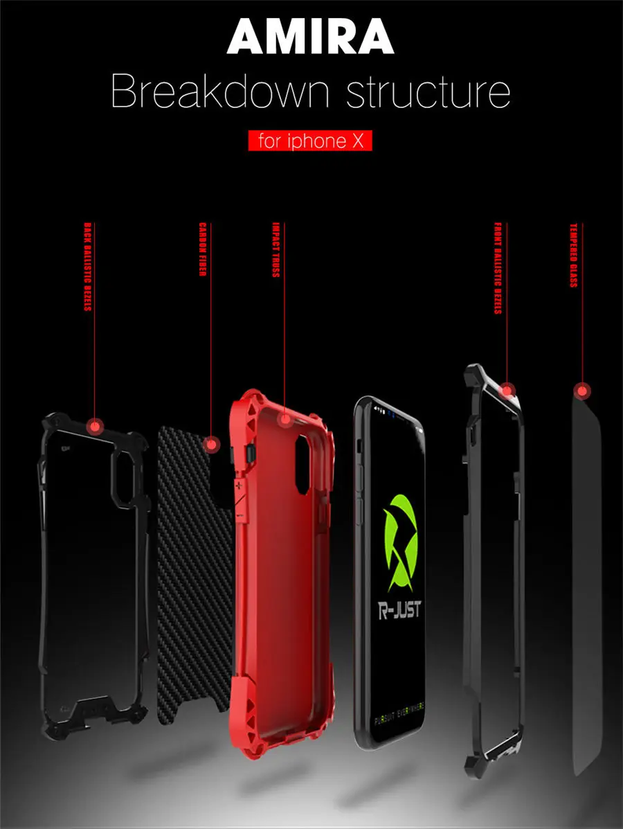 Чехол R-Just для iPhone X, iPhone 8, чехол для iPhone 7, 8 Plus, водонепроницаемый алюминиевый противоударный чехол из углеродного волокна, 6, 6s plus, 5, 5S, se