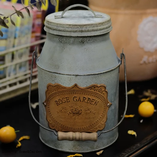 Antique Galvanized Metal Milk Pail Flower Vase with Lid Country Primitive (2)