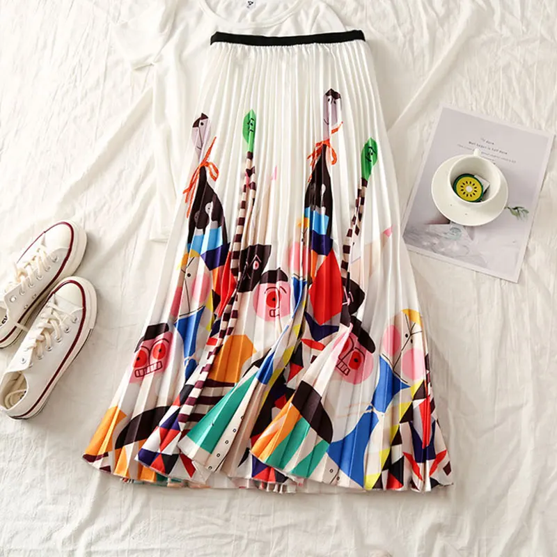 

Print Pleated High Waist Women Skirts Cartoon Printed Loose Ladies Long Skirt 2019 Summer Korean Fashion High Street Bottoms