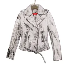 Новейшая Натуральная овечья кожа замша мото байкерская куртка пальто рисунок брызгами женская верхняя одежда приталенное пальто VF5001