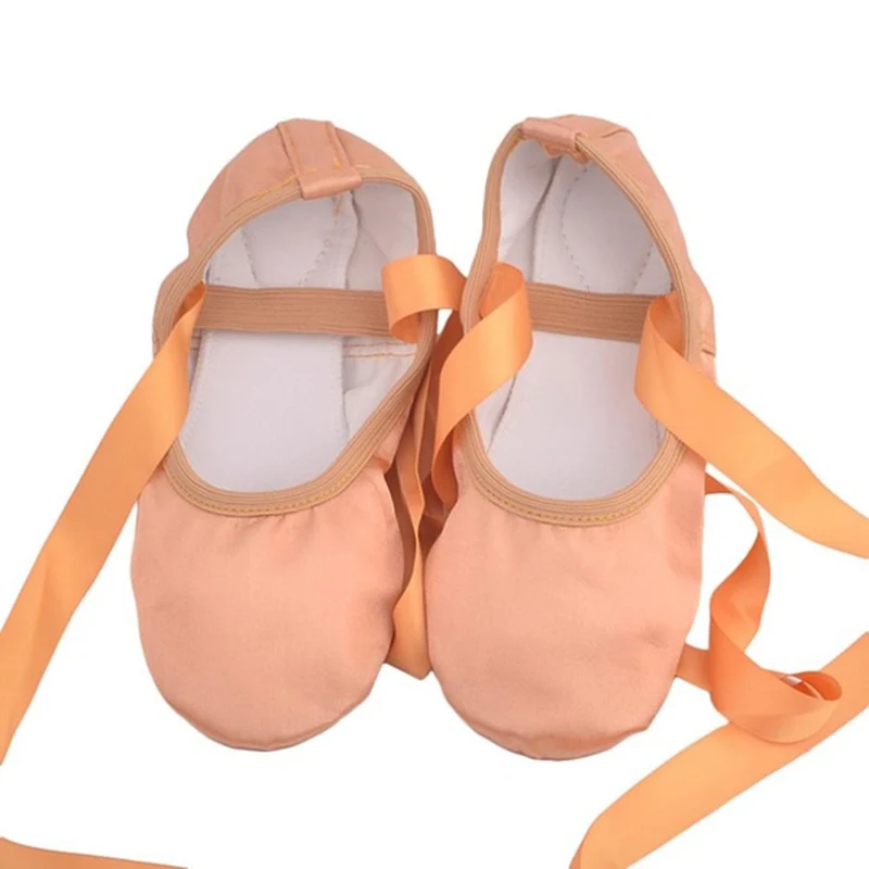 Children's and Adult Girls Ballet Dance Shoes Satin Gymnastics Flats Split Sole with Ribbon YH-17
