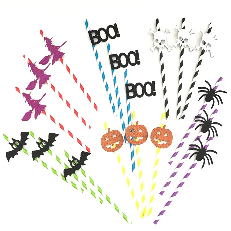 10pcs DIY Halloween Party Paper Straw Striped Paper Drinking Straws with Horror Spider Skull Pumpkin Cards Halloween Decoration