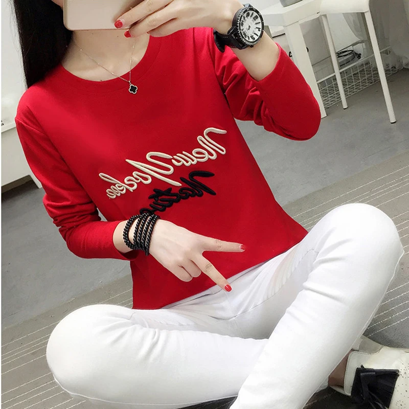 Cartoon Embroidery Autumn T-shirt Women New Fashion Simple Long Sleeve Tops Lovely Black White Loose Female T-shirt Plus Size Cartoon Embroidery Autumn T-shirt Women New Fashion Simple Long Sleeve Tops Lovely Black White Loose Female T-shirt Plus Size