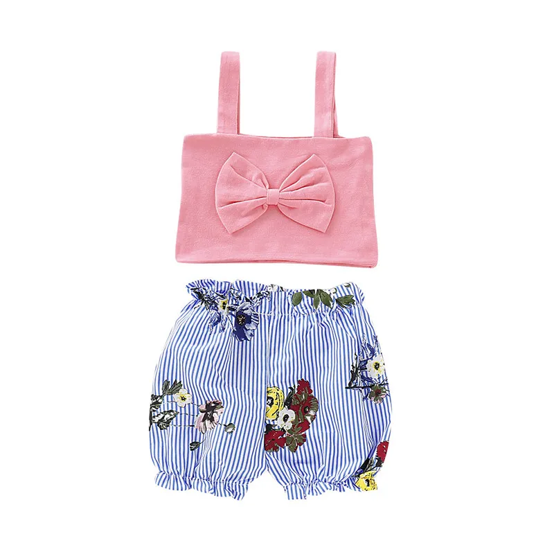 

Cute Kids Baby Girl Summer Outfits Bowknot Sling Tanks Crop Tops Striped Flowers High Waist Shorts 2Pcs Girl Clothes Sets 6M-4Y