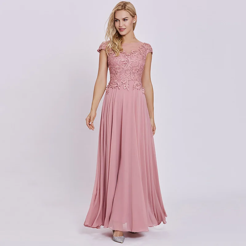 Najtaniej Dressv brzoskwinia długa suknia wieczorowa tanie koronkowe rękawy cap line zipper up ślubna formalna sukienka na przyjęcie aplikacje na suknie wieczorowe