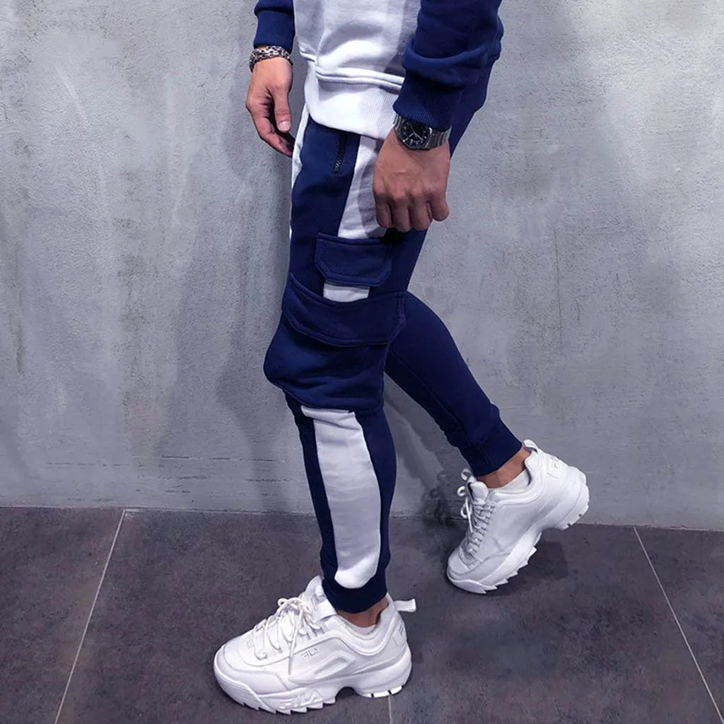 

FeiTong Skinny Sweatpants Men Splicing Overalls Casual Pocket Sport Work Casual Trouser Streetwear Hip Hop Pants jogger