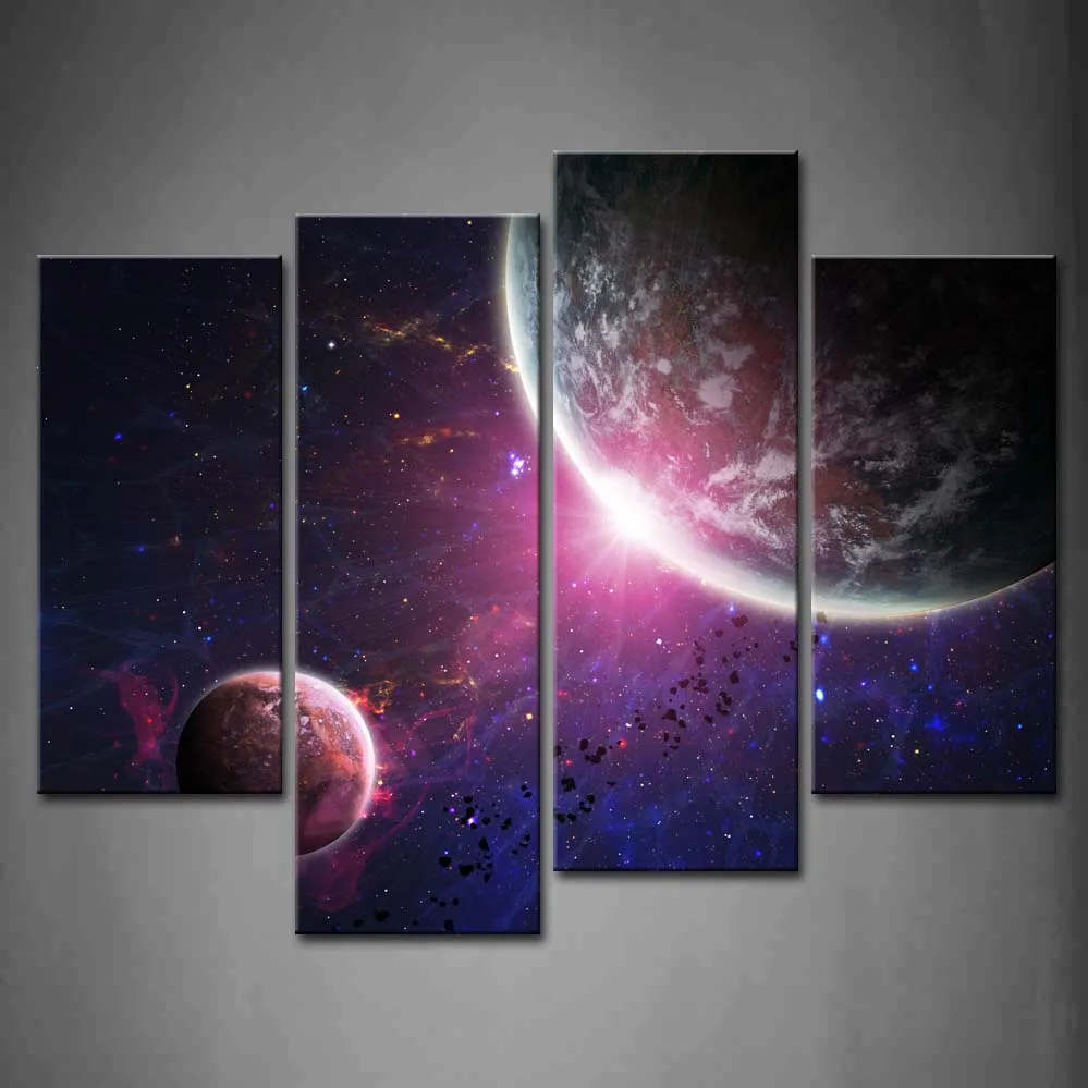 

4 Pics Framed Wall Art Picture Space Background Star Canvas Print Artwork Abstract Posters With Wooden Frames For Decor