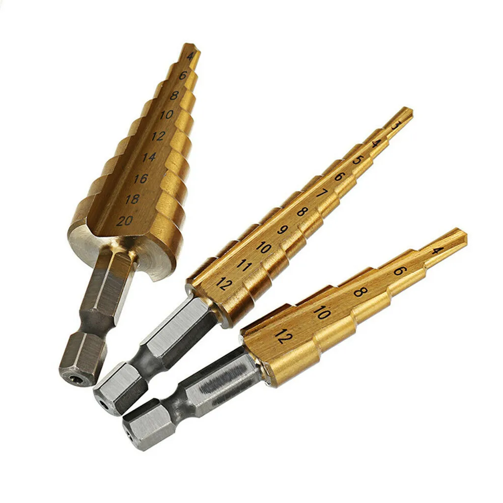 

3pcs Titanium Steel Step Drill HSS Hex Shank Pagoda Ladder Drill 4-20,4-12, 3-12 June#21