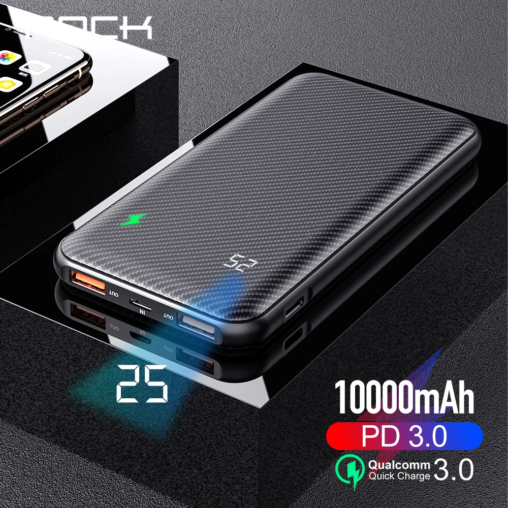 

ROCK Power Bank 10000mAh Type C PD Fast Charging Quick Charge 3.0 USB Powerbank External Battery for For iPhone Samsung Huawei