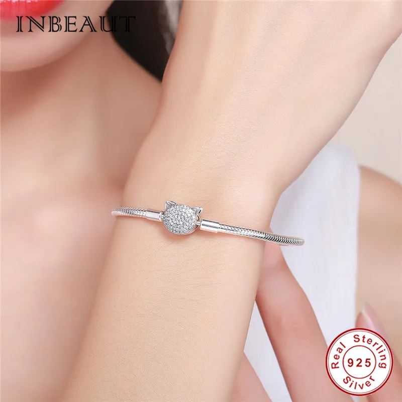 INBEAUT fit Pandora Шарм подлинный 925 пробы серебряный милый белый CZ бусины кошка браслет для женщин Мода Pet цепи