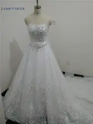 Роскошные свадьбное платье со стразами кружево аппликации свадебное платье Часовня Поезд Свадебные платья 2017 на заказ Vestido De Novia