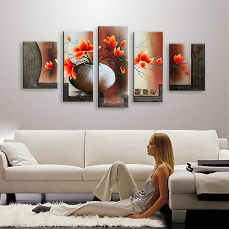 

Hand Painted Vase Flowers Oil Painting on Canvas Large Modern Abstract Home Decor Red Floral Paintings 5 Piece Wall Art Pictures