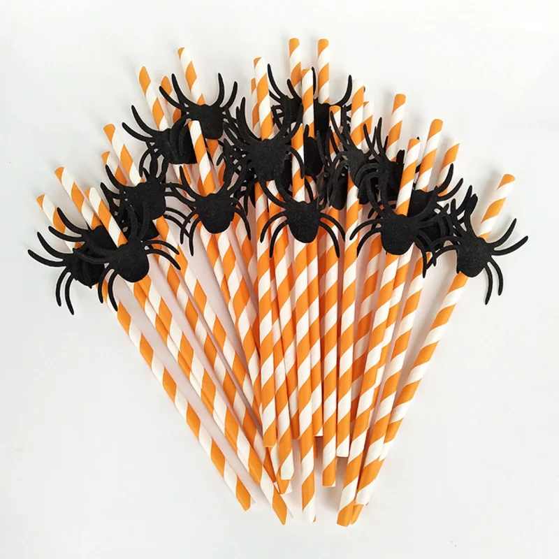 

25pcs/set cute Horror Halloween Spider/Pumpkin/Bat Paper Drinking Straw Baby Shower Bachelorette Party Halloween Decor Props