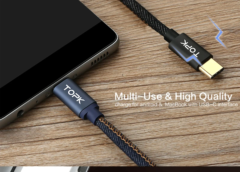 Type-C кабель, TOPK Denim провод USB C позолоченный штекер быстрой зарядки usb type C кабель для MacBook/Xiaomi 4C/Letv/Oneplus