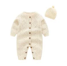 Зимние детские комбинезоны детская одежда комплект новорожденных свитера детский комбинезон из хлопка ползунки+ шляпа - Цвет: Бежевый