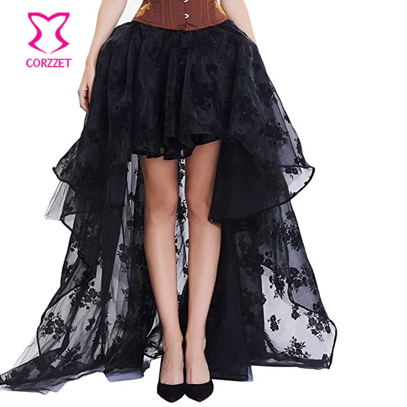 

Black Floral Chiffon Asymmetrical Victorian Steampunk Skirt Plus Size Gothic Clothing Skirts Womens Vintage Sexy Clubwear S-6XL