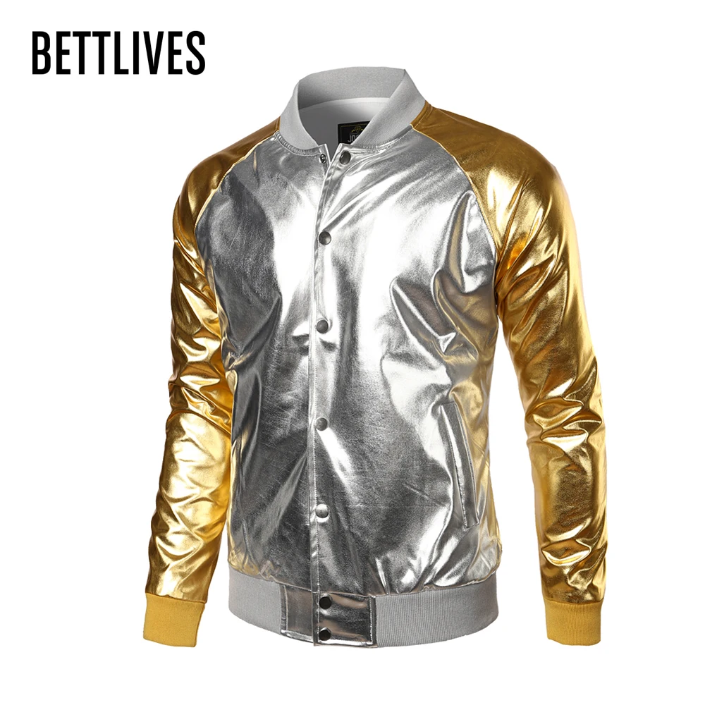 2017 Fashion Mens Jacket Metallic Gold Shiny Jacket Men Veste