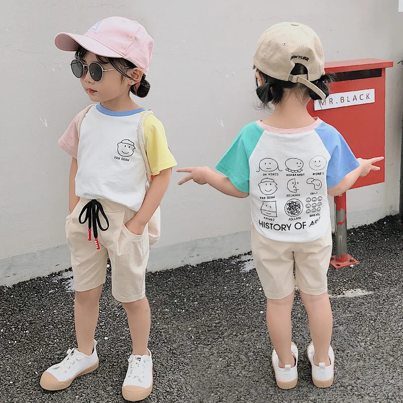 

Summer clothing children two sets of color to connect short sleeves Korean version cartoon T-shirt pure color shorts Set