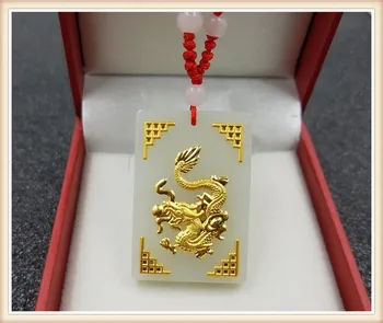 

Natural hetian jade inlaid gold flying dragon pendant necklace charm male amulet jewelry gifts